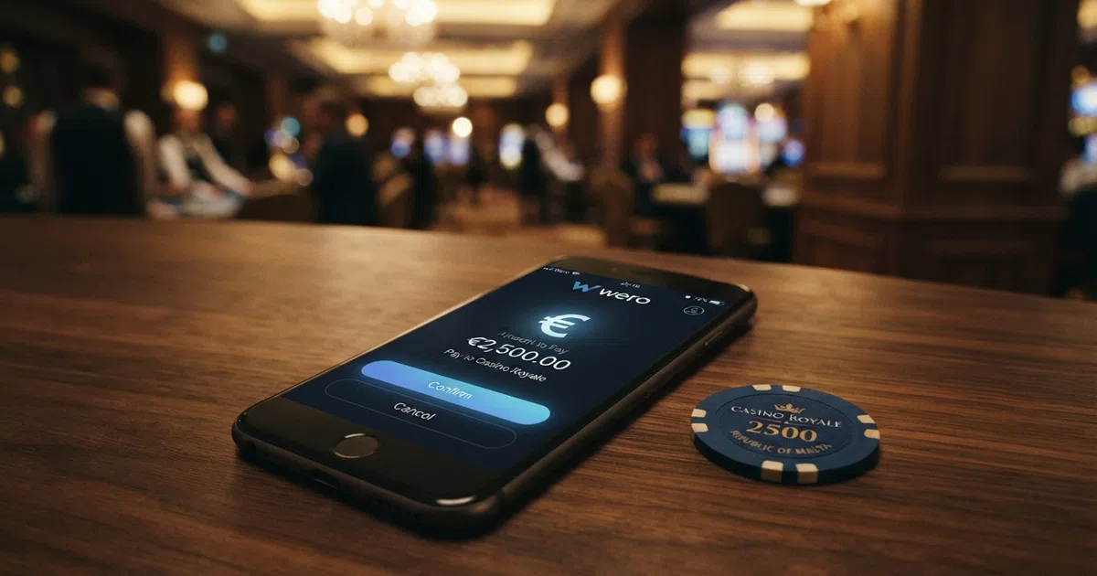 Een smartphone met het Wero-betaalscherm naast het logo van een online casino