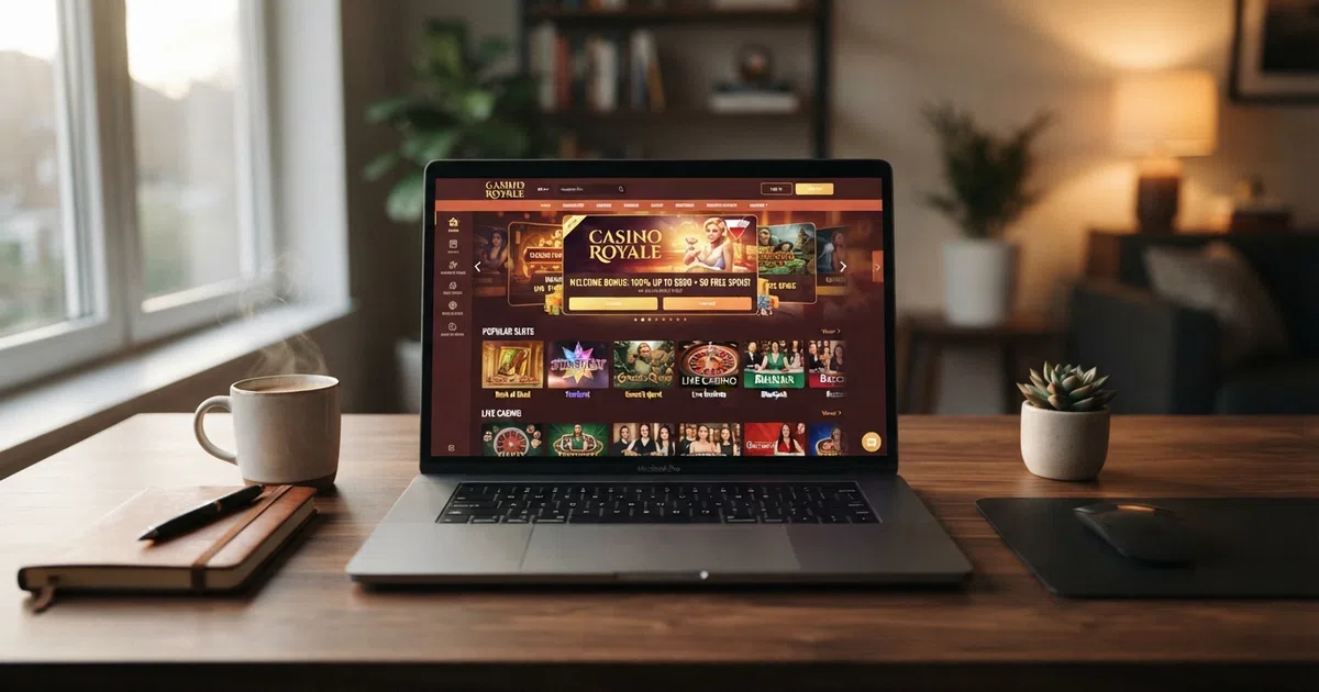 Een laptopscherm met een online casino-interface waarop gokkasten, live dealer-tafels en bonusbanners te zien zijn, zonder Cruks-registratiescherm