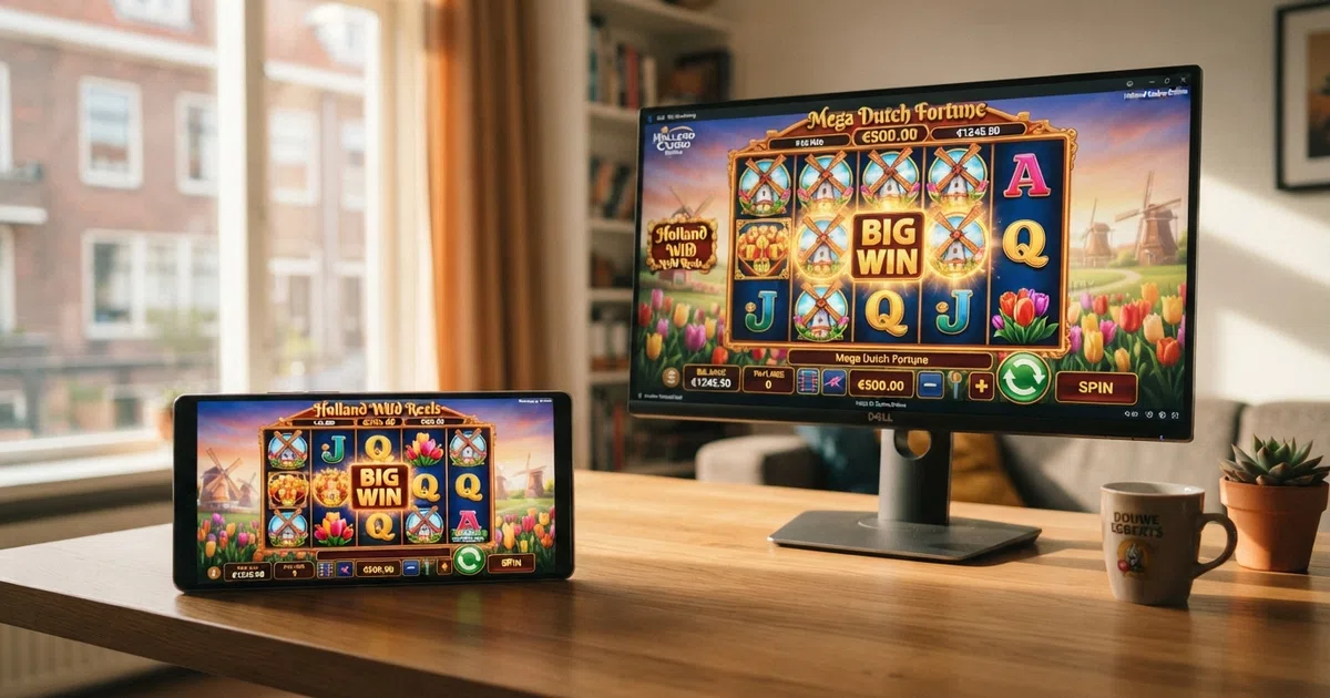 Een rij kleurrijke online gokkasten op een desktopscherm en een mobiele telefoon, met een Nederlands casino-interface zichtbaar