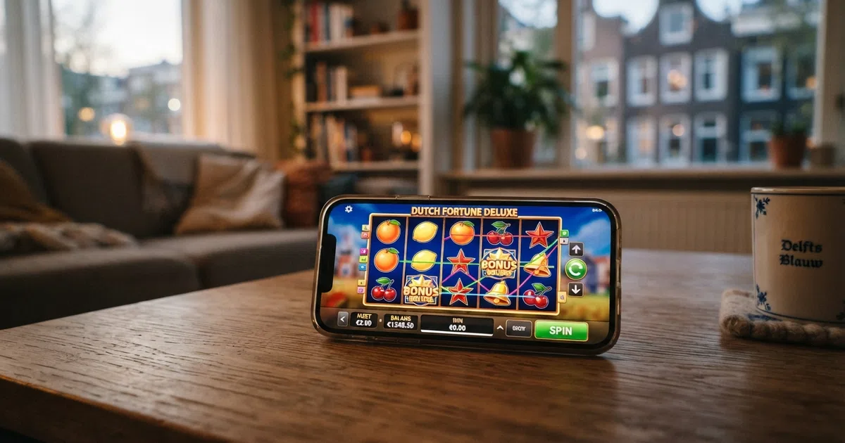 Een Nederlands online casino-interface met een videoslot op het scherm, zichtbaar in de Nederlandse taal met inzetknoppen en winlijnen