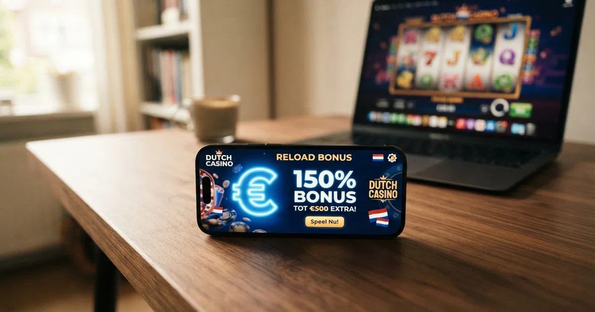Een online casino bonussectie met een reload bonus aanbieding, het bonuspercentage en een link naar de bonusvoorwaarden