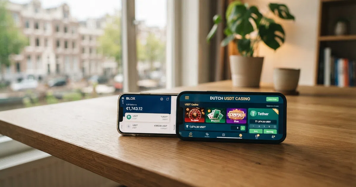 Een smartphone met een crypto wallet-app en een USDT-casino-interface naast elkaar, met het Tether-logo zichtbaar