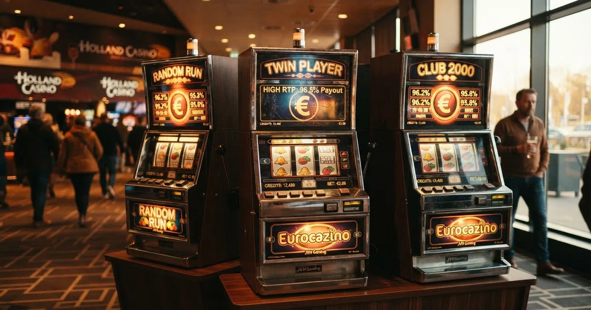 Een rij van drie fruitautomaten met verlichte schermen waarop uitbetalingspercentages zichtbaar zijn, geplaatst in een Nederlandse online casino-omgeving