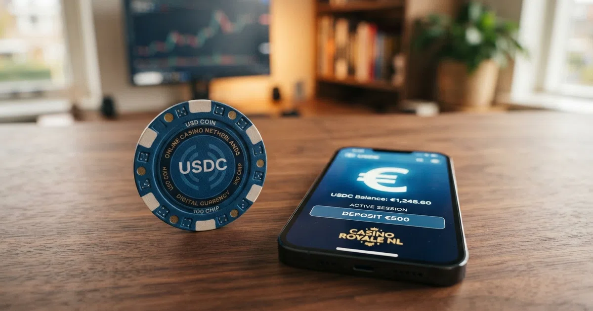 USDC-munten en casinofiches op een digitale achtergrond met het Nederlandse KSA-keurmerk ernaast afgebeeld