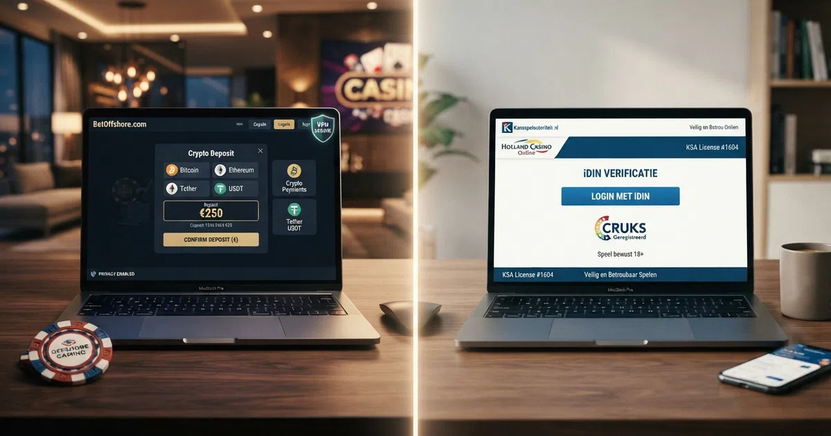 Een split-screen: links een offshore casino-lobby met crypto-stortingsopties en een VPN-pictogram in de hoek, rechts een KSA-vergunde casino-omgeving met iDIN-verificatiescherm en CRUKS-logo