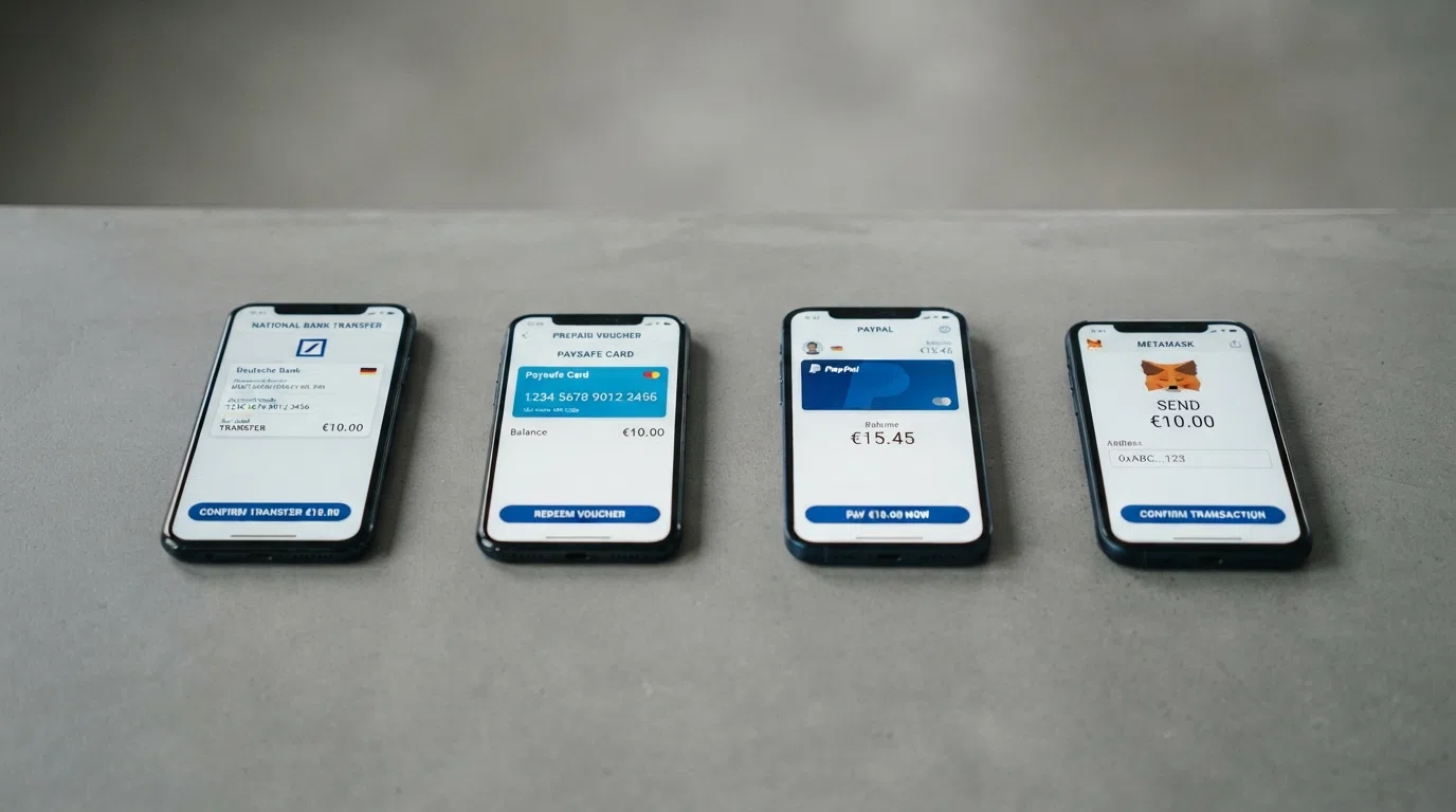 Een overzichtelijke rij betaalmethoden — iDEAL, Paysafecard, Skrill, crypto — boven een stortingsformulier van €10