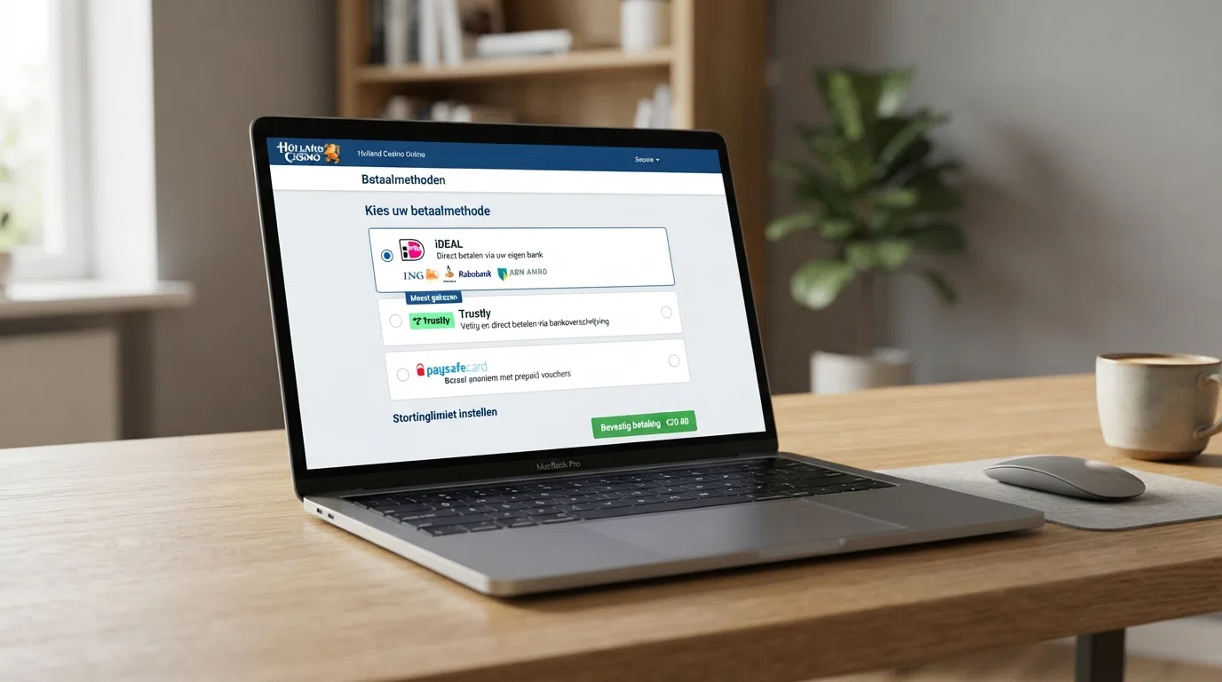 Een laptopscherm met de betaalpagina van een online casino waarop iDEAL, PayPal, Skrill en Paysafecard als keuzemogelijkheden naast elkaar staan