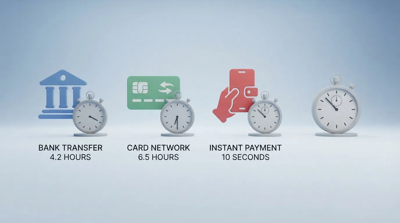 De logo's van iDEAL, Wero, creditcard en SEPA naast elkaar met een stopwatch-icoon dat de gemiddelde verwerkingstijd per methode aangeeft