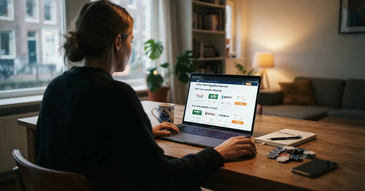 Een Nederlandse speler kijkt naar een vergelijkingspagina van online casino's op een laptop, met opties voor Nederlandse en buitenlandse aanbieders