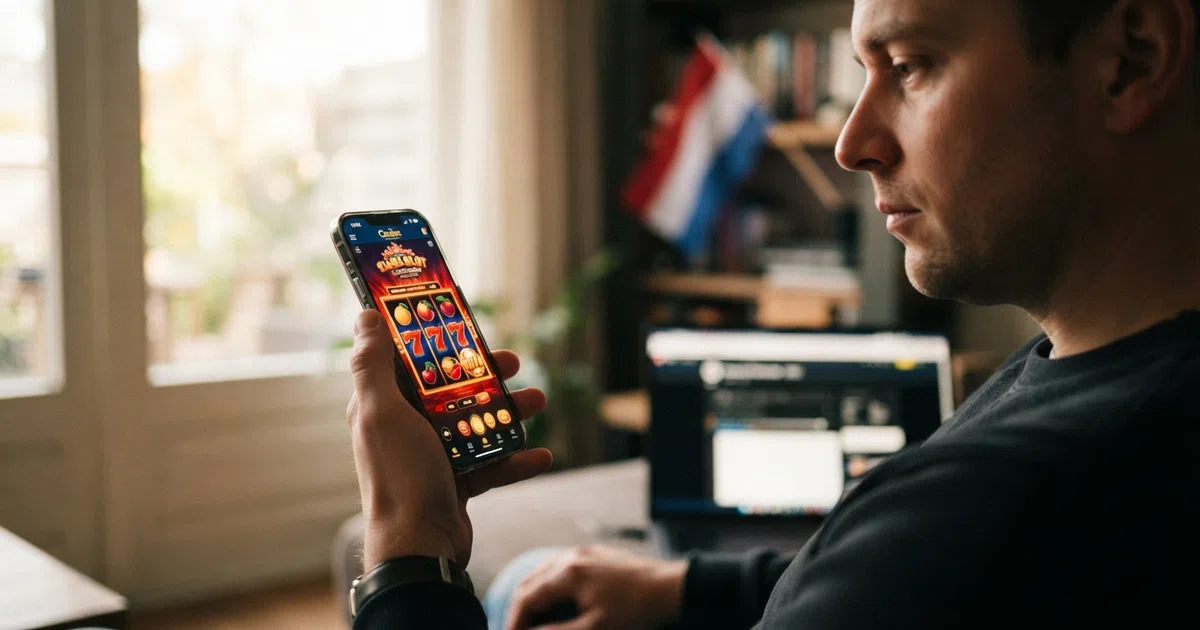 Een Nederlandse speler kijkt naar een telefoon met een casino-interface; op de achtergrond een slot-machine-animatie en het herkenbare rood-wit-blauw van een Nederlandse vlag