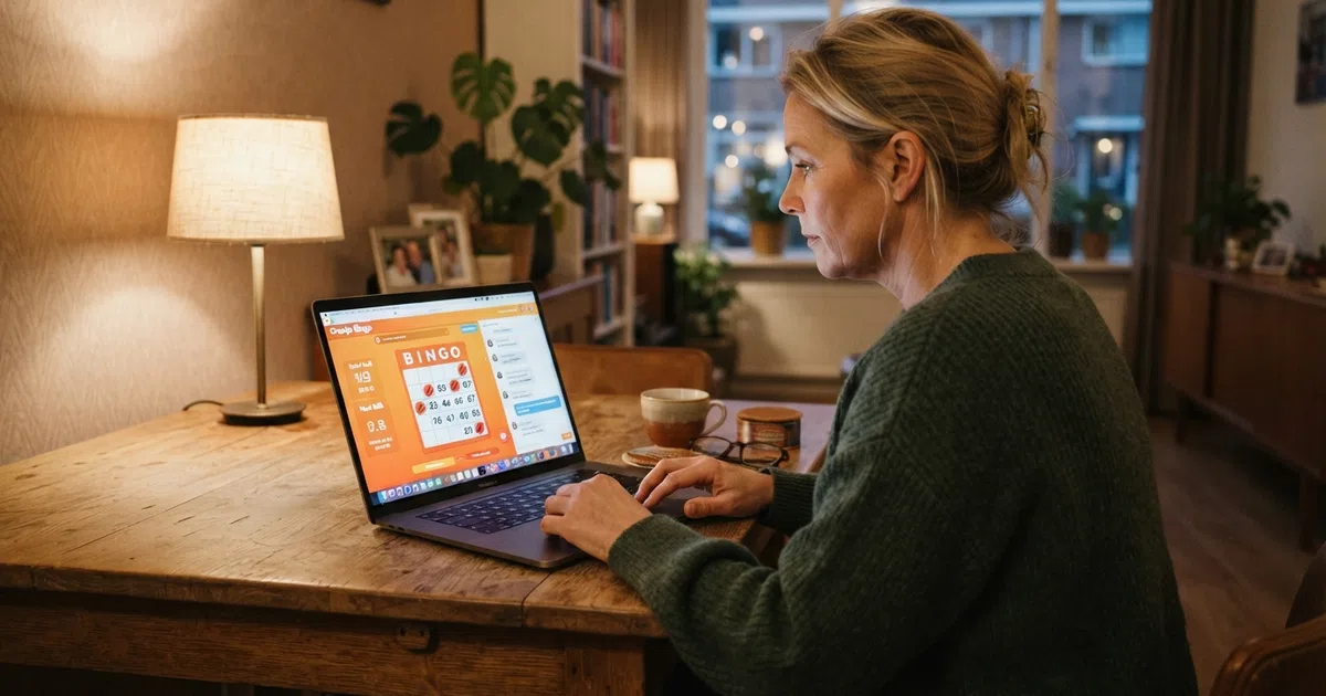 Een Nederlandse speler zit aan een laptop met een online bingospel in beeld: de bingokaart is deels afgestreept, de chat is zichtbaar en de volgende trekking staat klaar.