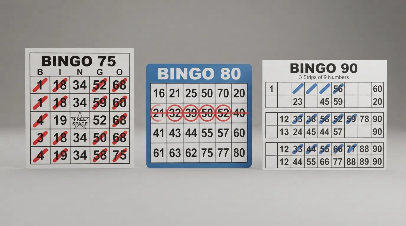 Drie bingokaarten naast elkaar: een 5×5-kaart voor Bingo 75, een 4×4-kaart voor Bingo 80 en een 9×3-strook voor Bingo 90, elk met enkele afgestreepte nummers en een verschillend winpatroon gearceerd.