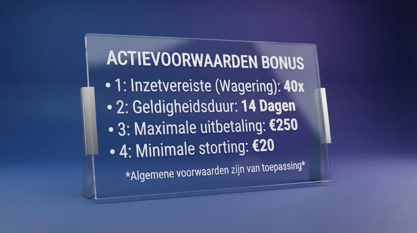 Een bonusvoorwaardenpagina met wagering-eisen, tijdslimiet en max-cashout gespecificeerd in de kleine lettertjes onder het bonusaanbod
