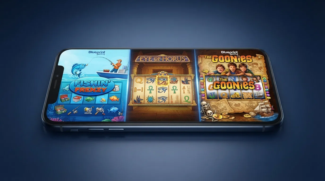 Drie Blueprint Gaming gokkasten naast elkaar: Fishin' Frenzy, Eye of Horus en The Goonies op een mobiel scherm