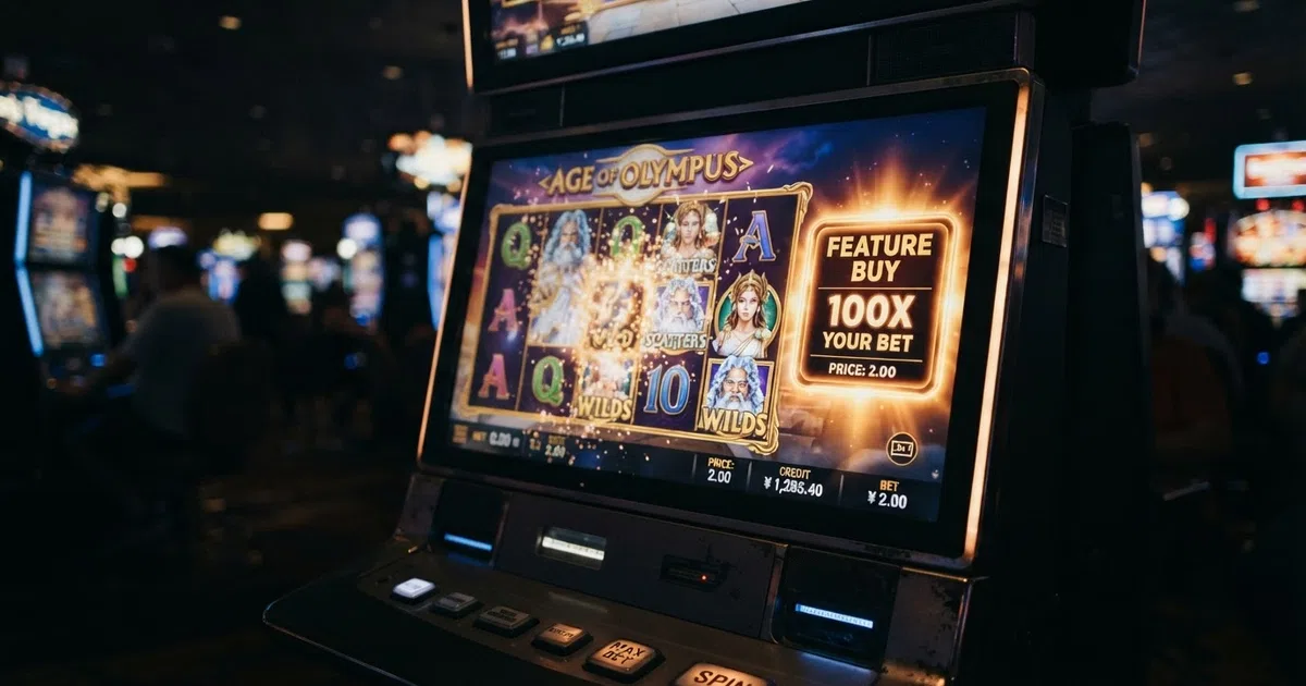 Een close-up van een gokkastscherm met de bonus buy-knop uitgelicht, het prijskaartje van 100× de inzet zichtbaar, op een donkere achtergrond met subtiele casino-belichting.
