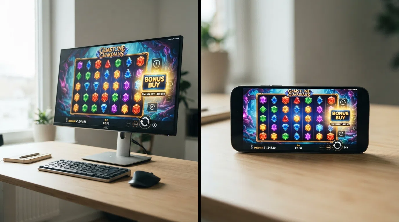 Een split-screen: links een desktopmonitor met een slot en de bonus buy-knop, rechts dezelfde slot op een smartphone met dezelfde knop — identiek in functie, verschillend in schermformaat.