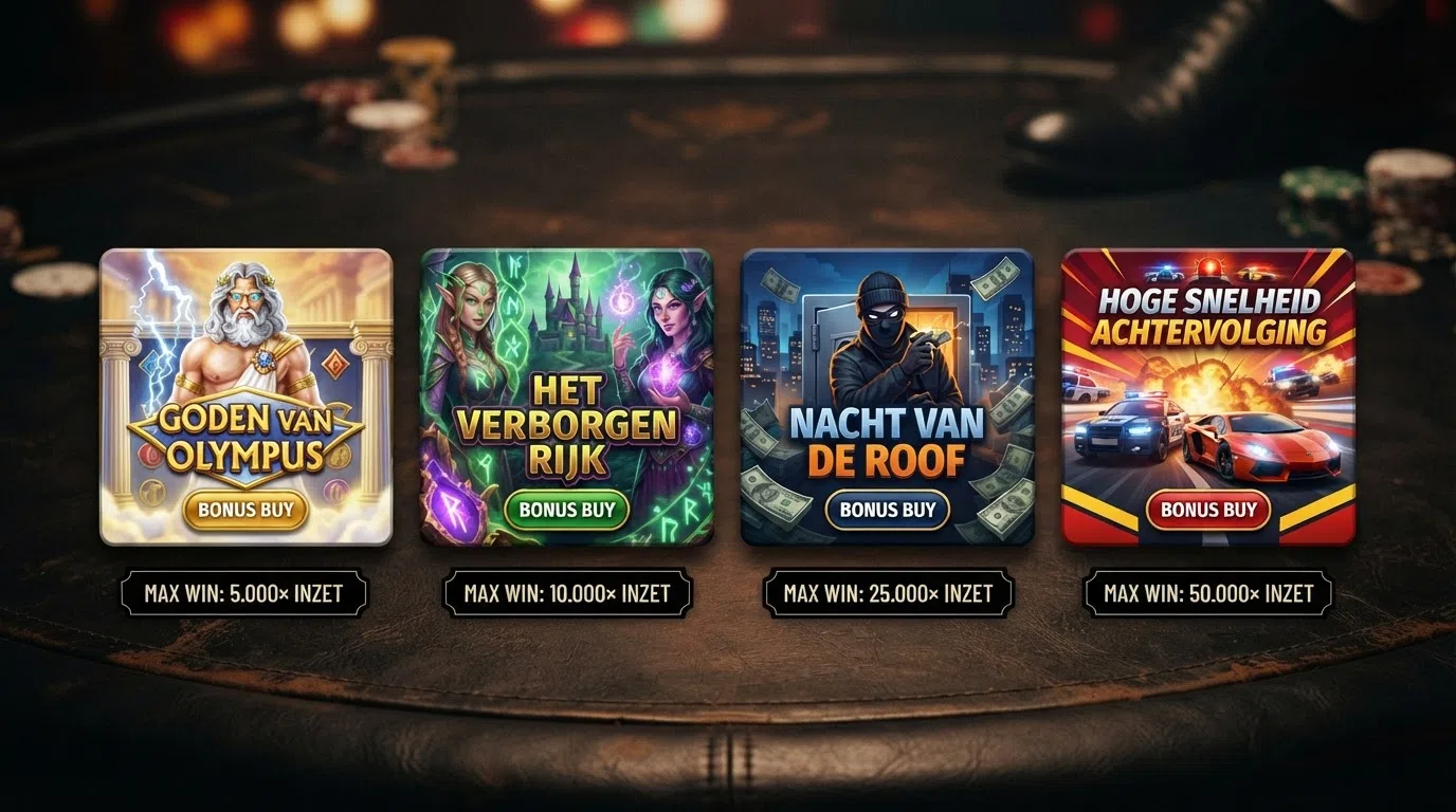 De vier besproken slots — Gates of Olympus, Sweet Bonanza, Money Train 4 en San Quentin xWays — in een rij van vier herkenbare speltegels met hun maximale winst onder elke titel.