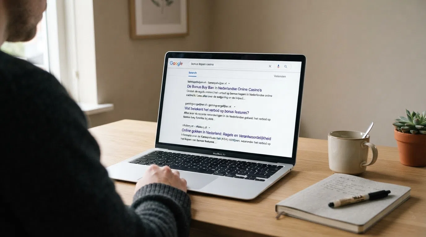 Een screenshot van een Nederlandse zoekbalk met de ingetypte term 'bonus kopen casino', met zoekresultaten die informatieve artikelen tonen.