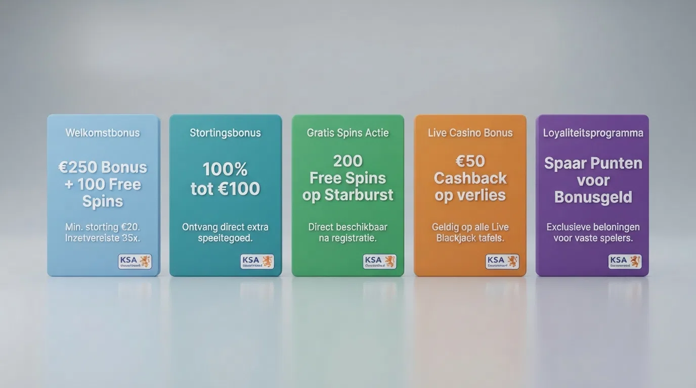 Een overzichtelijke vergelijking van verschillende casino-bonuskaarten met daarop spinaantallen, bonusbedragen en een KSA-logo