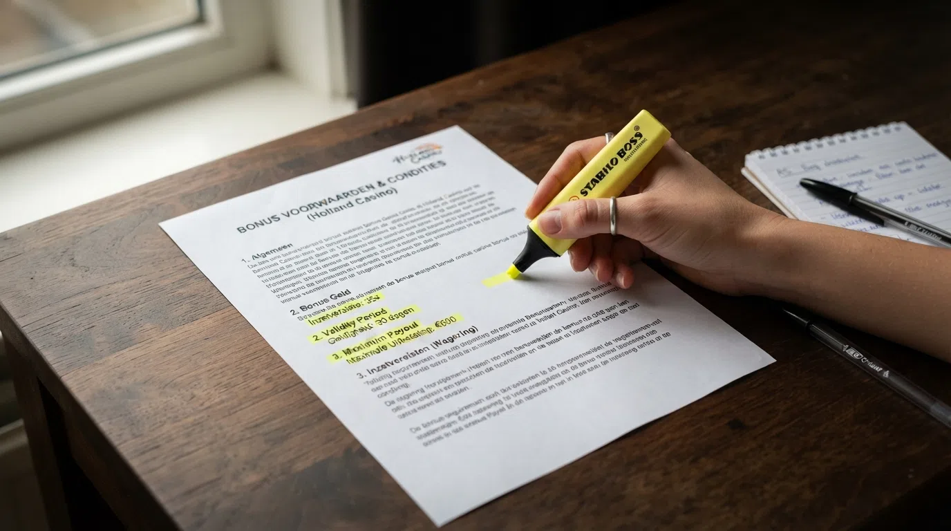 Een close-up van een bonusvoorwaardenpagina van een Nederlands online casino, met een markeerstift-accent op de rondspeeleis, de geldigheidstermijn en het maximale uitbetalingsbedrag