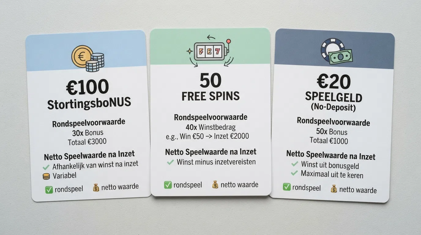 een visuele vergelijking van drie bonuskaarten: stortingsbonus, free spins en cash free spins, met onder elke kaart de rondspeelvoorwaarde en de netto speelwaarde