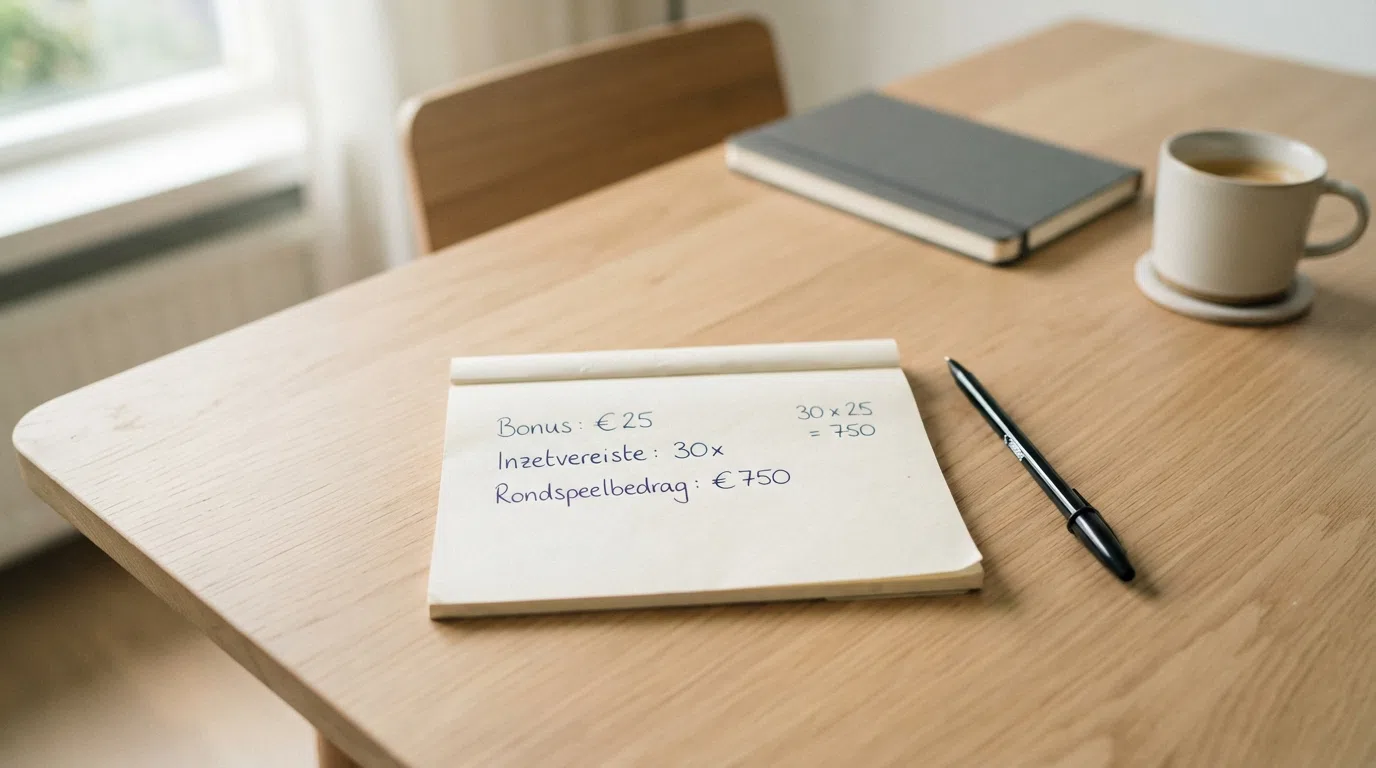 Een close-up van een notitieblok met een pen ernaast, waarop "Bonus: €25 / Inzetvereiste: 30x / Rondspeelbedrag: €750" met de hand is opgeschreven naast een rekenmachine.