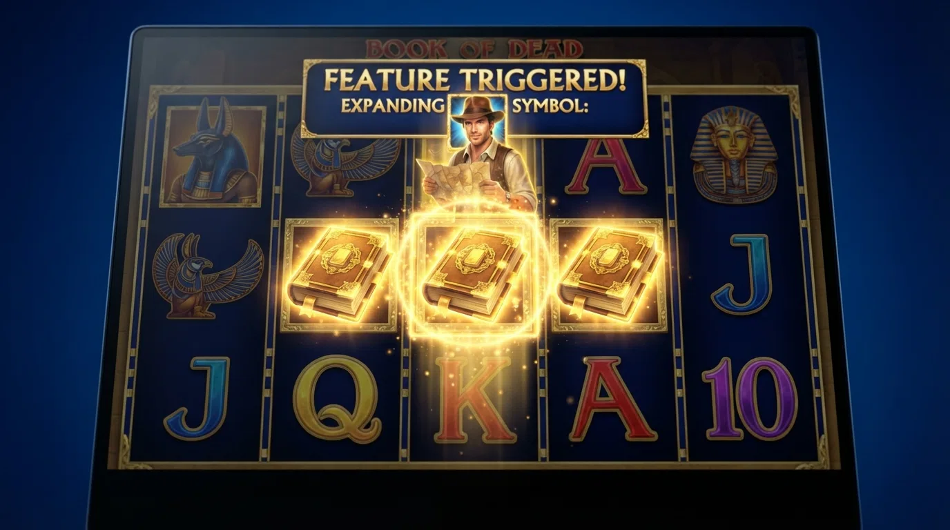Drie gouden tombe-scatters op de rollen van Book of Dead activeren de bonusronde met tien free spins
