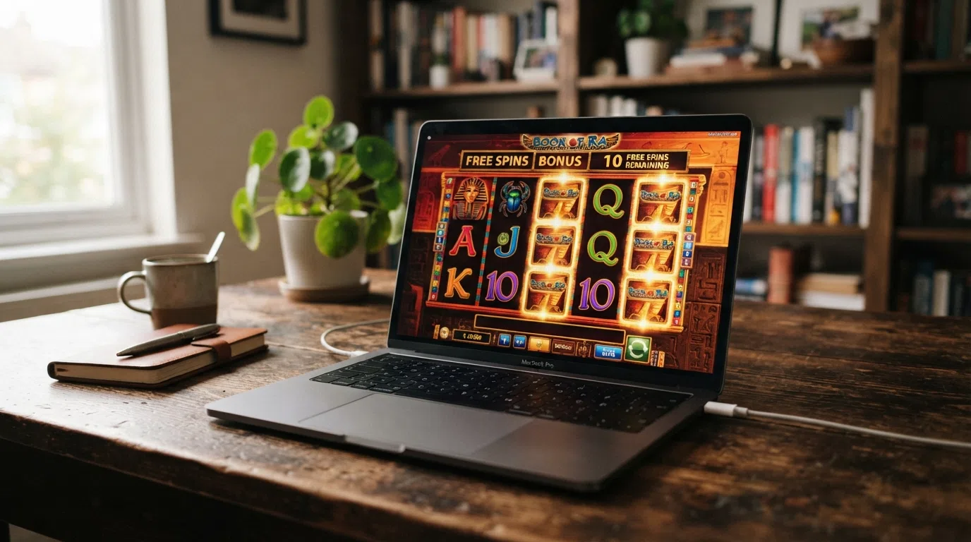 Book of Ra Deluxe met vijf rollen, Egyptisch thema, het expanding scatter-symbool en de free-spins-bonusronde in beeld