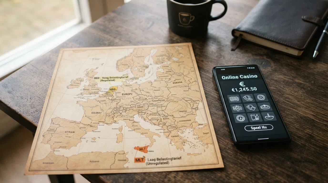 Een kaart van Europa met Nederland en Malta gemarkeerd als online gokjurisdicties met verschillende belastingregimes