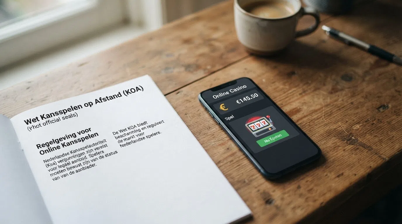 Een screenshot of vereenvoudigde weergave van de KSA-website of het CRUKS-register met het Nederlandse wapen of KSA-logo, geflankeerd door een smartphone met een buitenlandse casinosite