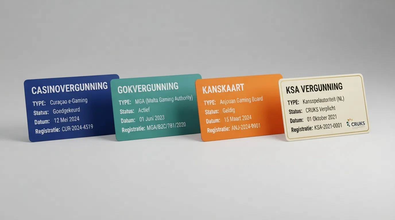 Vier paspoorten of vergunningsdocumenten naast elkaar: Curaçao, MGA, Anjouan en KSA — met de KSA-versie gemarkeerd als enige met CRUKS-controle