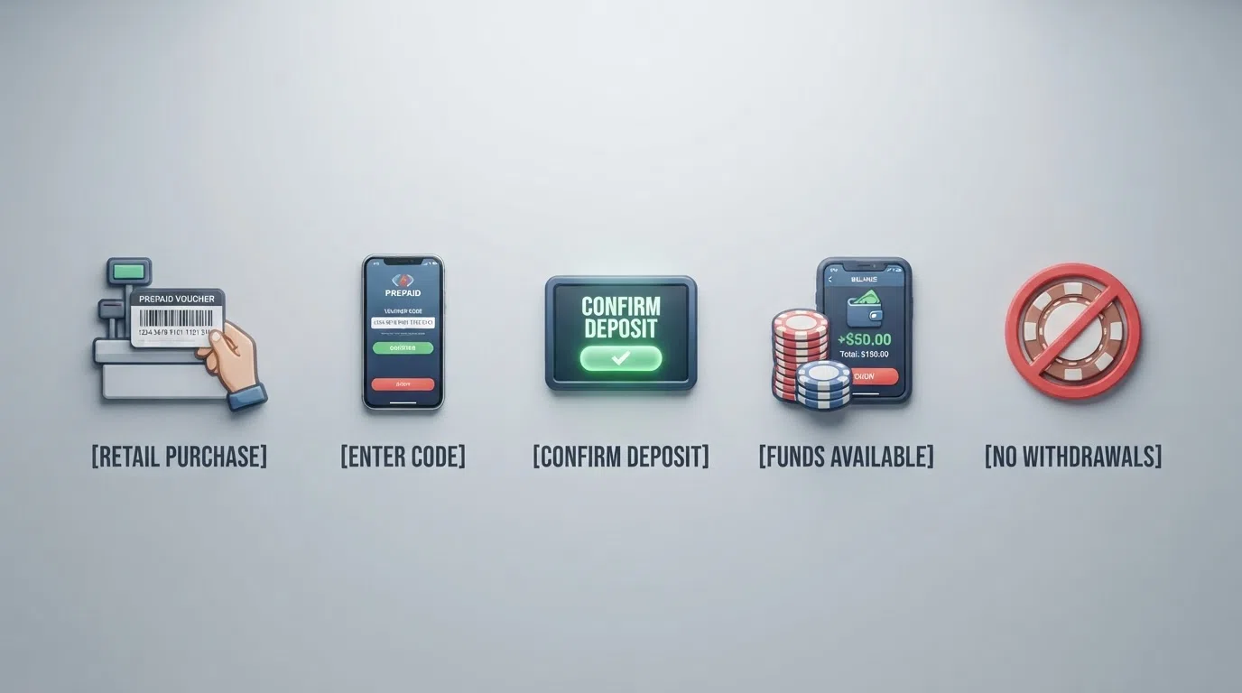 Een infographic die het stortingsproces in vijf stappen toont: voucher kopen, code intoetsen, bedrag bevestigen, direct speeltegoed, en de duidelijke markering dat uitbetalen NIET via CashToCode kan