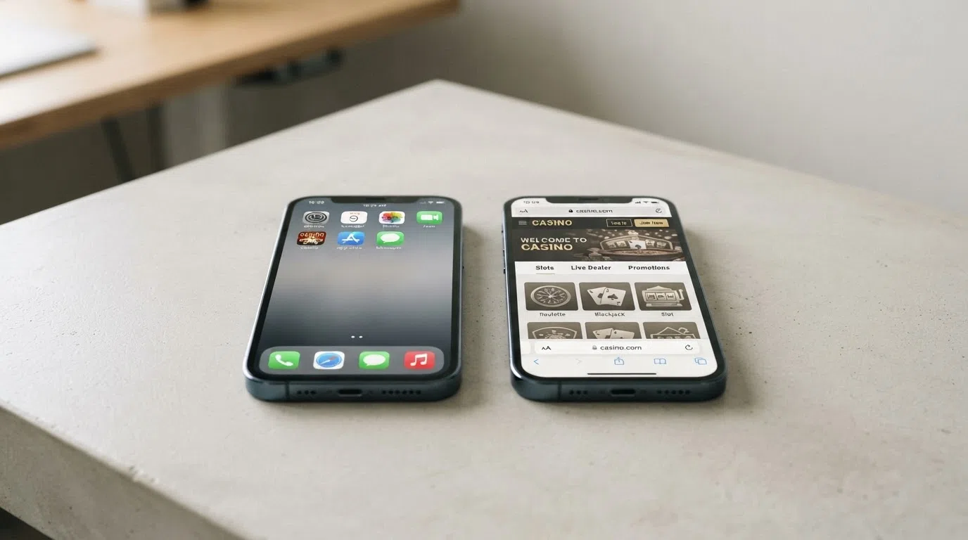 Een telefoon met links een casino-app-icoon en rechts dezelfde casino-site in een mobiele browser — twee schermen naast elkaar