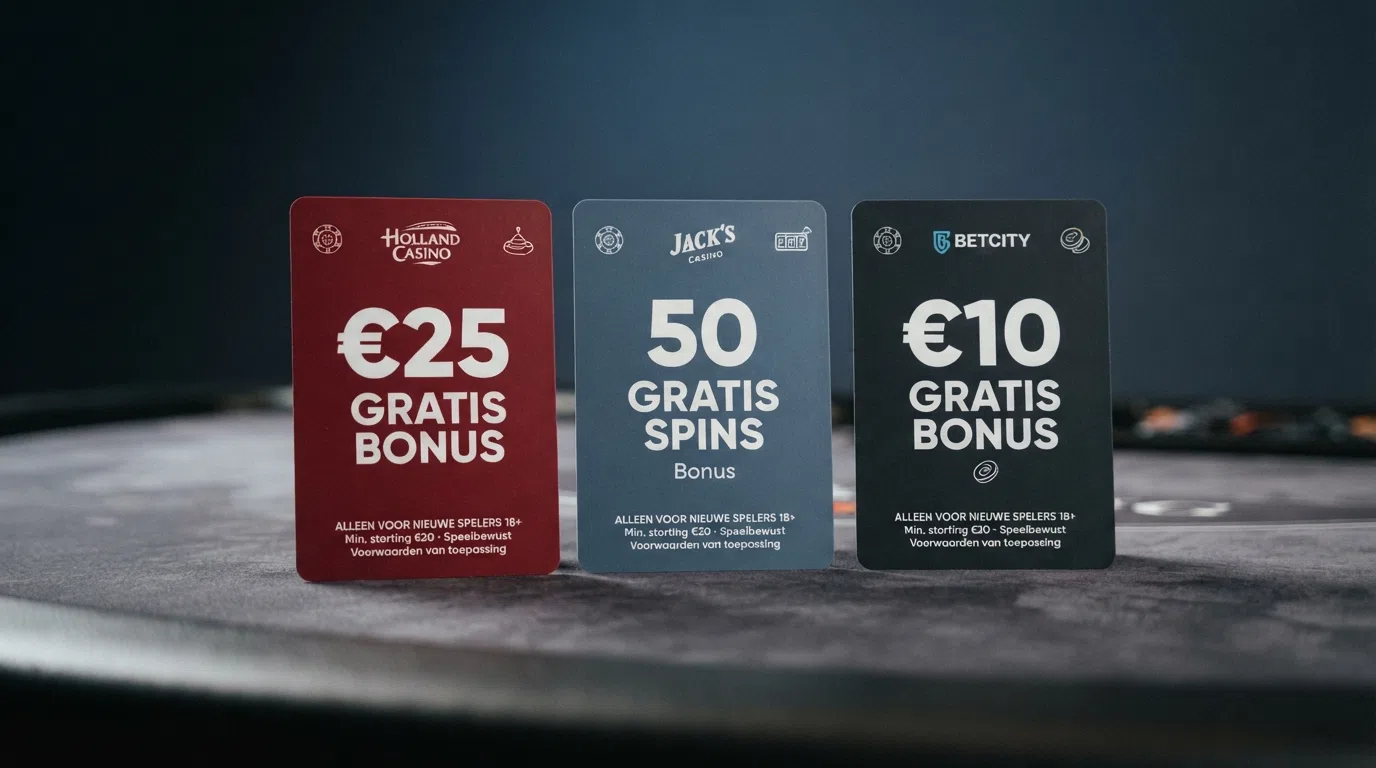 Drie Nederlandse casino-logo's naast elkaar met hun bonusbedragen: €25, 50 free spins en €10 — de drie werkende no-deposit aanbiedingen