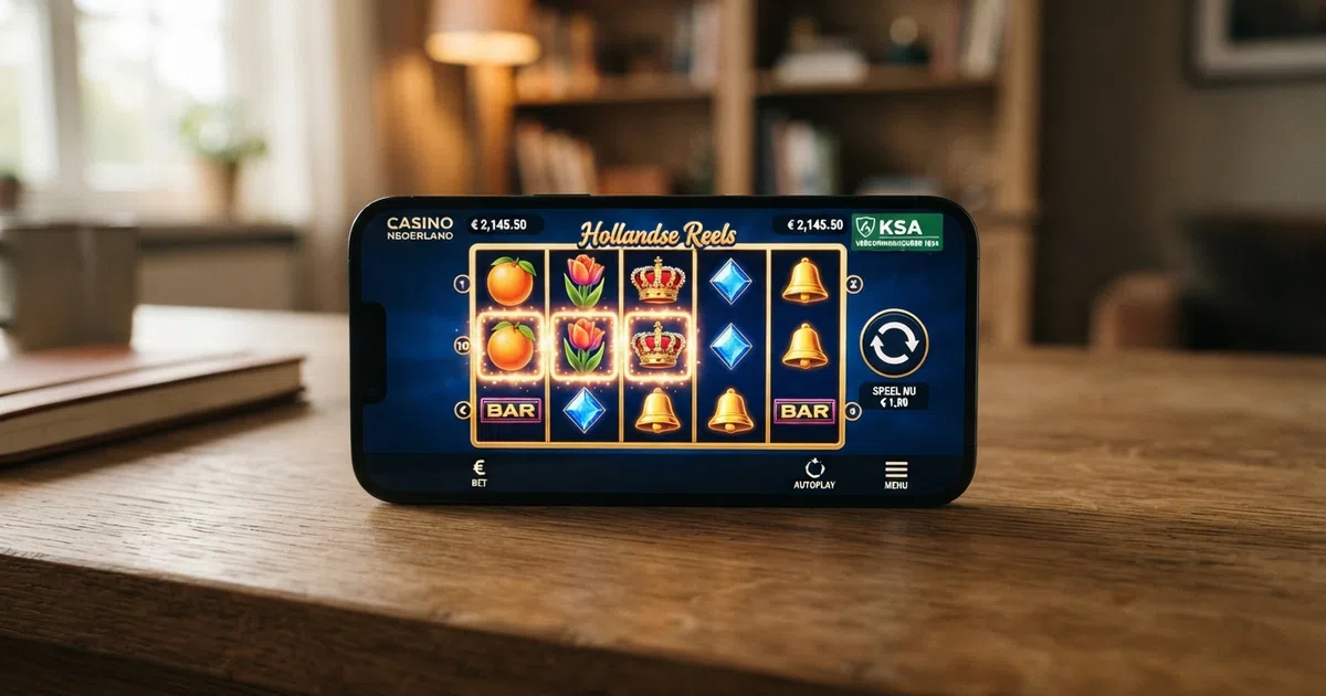 Een overzicht van Nederlandse online casino bonusaanbiedingen op een scherm, met KSA-keurmerk en bonusvoorwaarden zichtbaar
