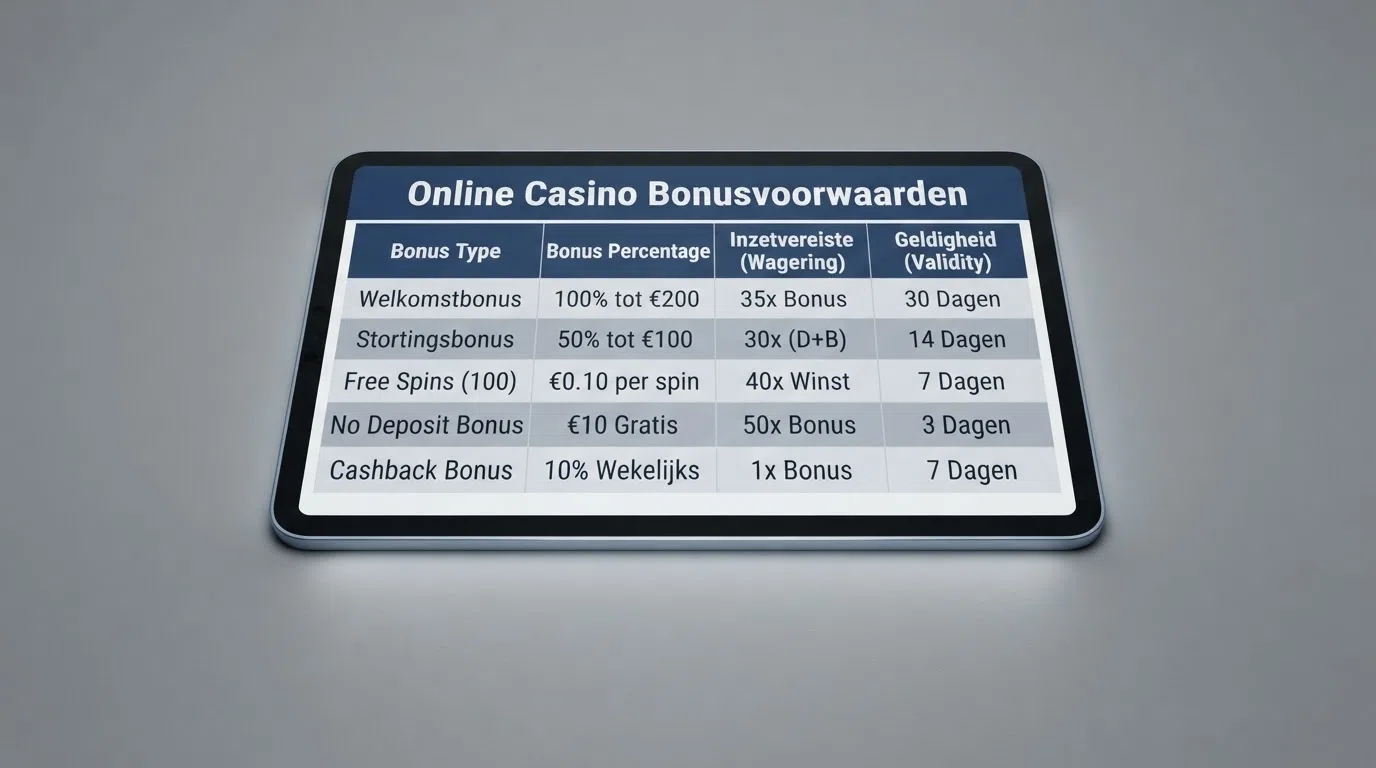 Een overzichtelijke vergelijkingstabel met bonuspercentages, inzetvereisten en geldigheidstermijnen van meerdere Nederlandse online casino's