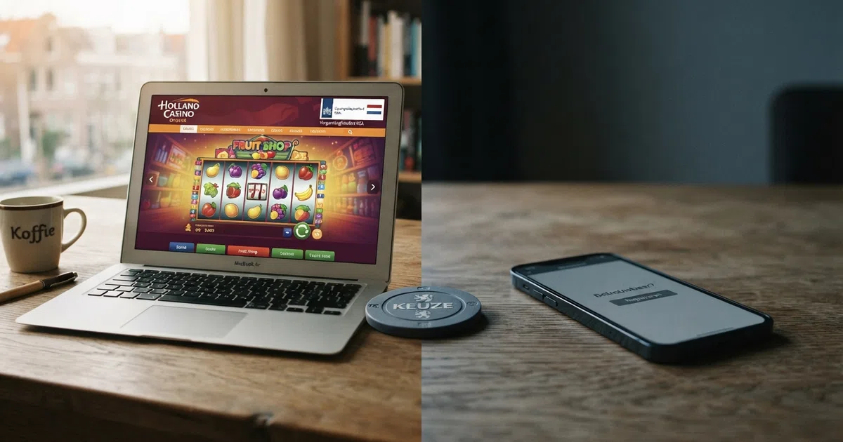 Een split-screen illustratie: links het slot van een KSA-vergund casino met het CRUKS-logo en het Nederlandse vlaggetje, rechts een anoniem ogend buitenlands casino-interface zonder herkenbare keurmerken