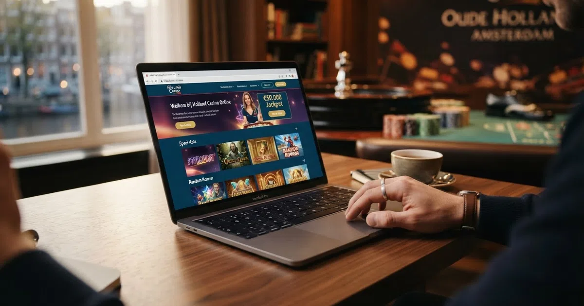 Het logo van Holland Casino Online op een laptopscherm, met op de achtergrond het spelmenu met slots zichtbaar