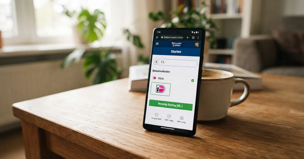 Een smartphone met daarop de stortingspagina van een Nederlands online casino, het bedrag €5 ingevuld in het stortingsveld en het iDEAL-logo zichtbaar als geselecteerde betaalmethode