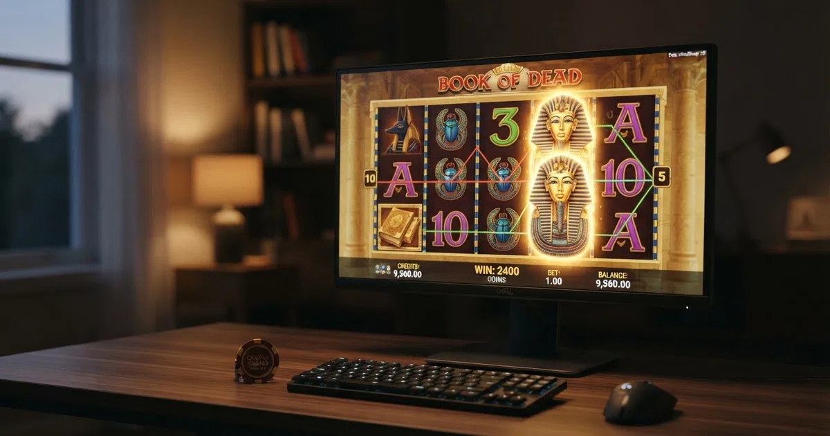 Book of Dead-gokkast van Play'n GO met de vijf rollen, drie rijen en Egyptische symbolen rond het gouden Book of Dead-logo