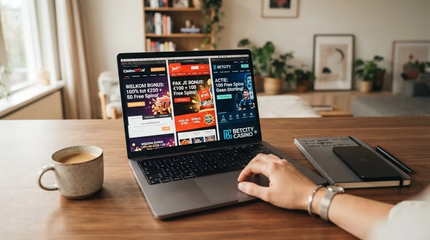 Een overzicht van de homepages van verschillende Nederlandse online casino's naast elkaar, met hun welkomstaanbod zichtbaar in de hero-banners
