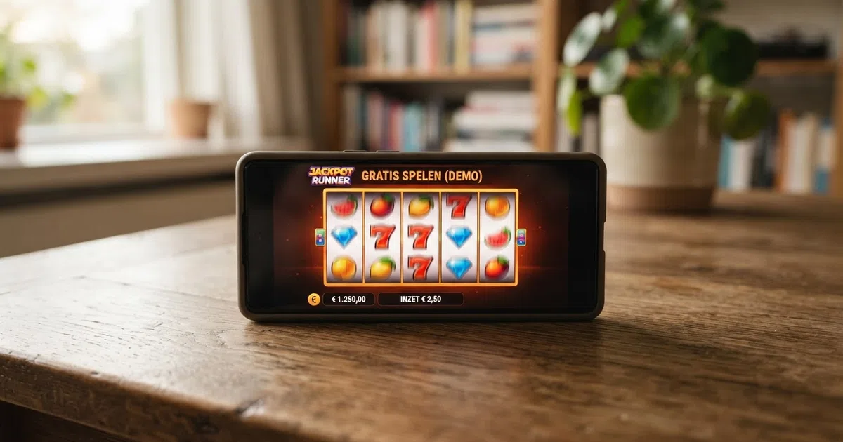 Een schermopname van een Nederlandse online casino-demomodus met virtueel speelgeld, zichtbaar spel op een gokkast en een duidelijk “DEMO” of “GRATIS SPELEN” label in beeld