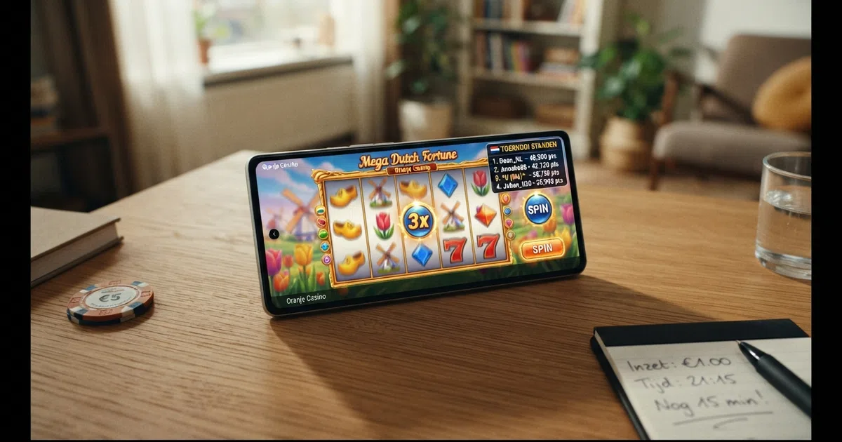 Een online casino toernooi-interface met een ranglijst, puntenaantallen en deelnemende spelers op een leaderboard