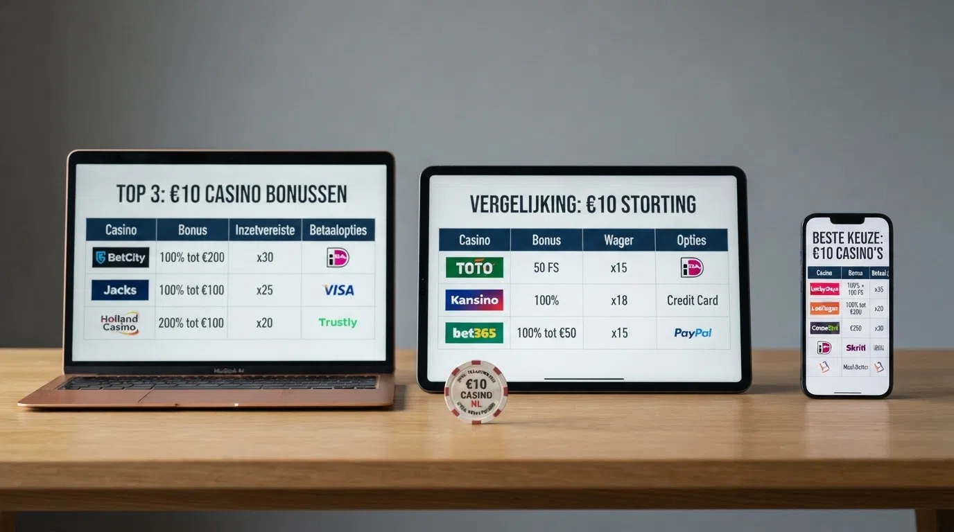 Een overzichtelijke vergelijkingstabel met casino-logo's, bonusbedragen en rondspeelvoorwaarden naast elkaar