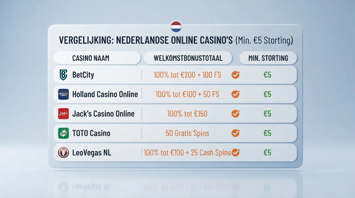 Een overzichtelijke rij van Nederlandse casino-logo's met daaronder de bonusgegevens bij lage storting