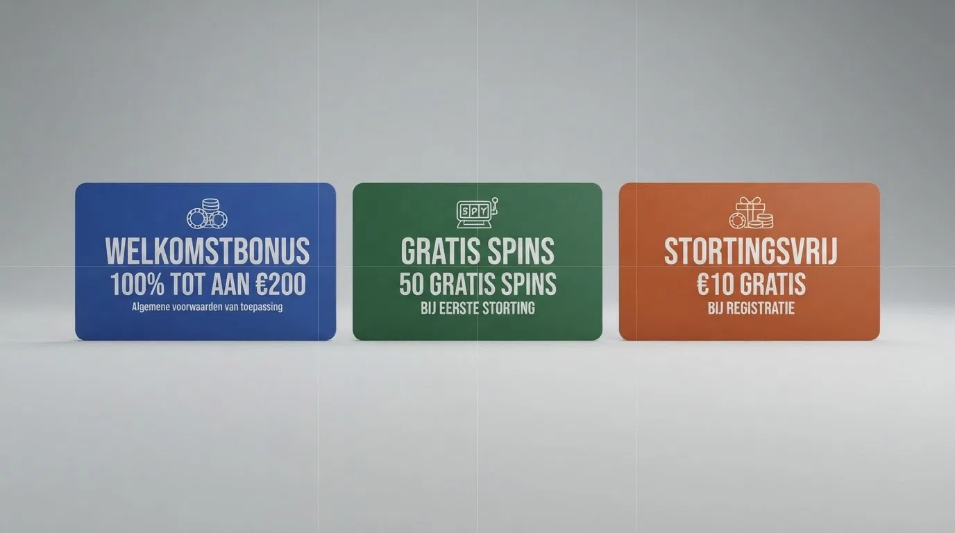 Overzicht van Nederlandse online casino bonuskaarten met logo's, spin-aantallen en stortingsvoorwaarden naast elkaar