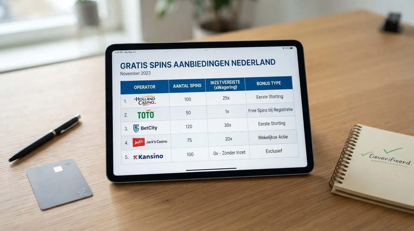 Een overzichtelijke tabel met de logo's van de elf besproken casino's en hun kerncijfers (aantal spins, wagering, type bonus).