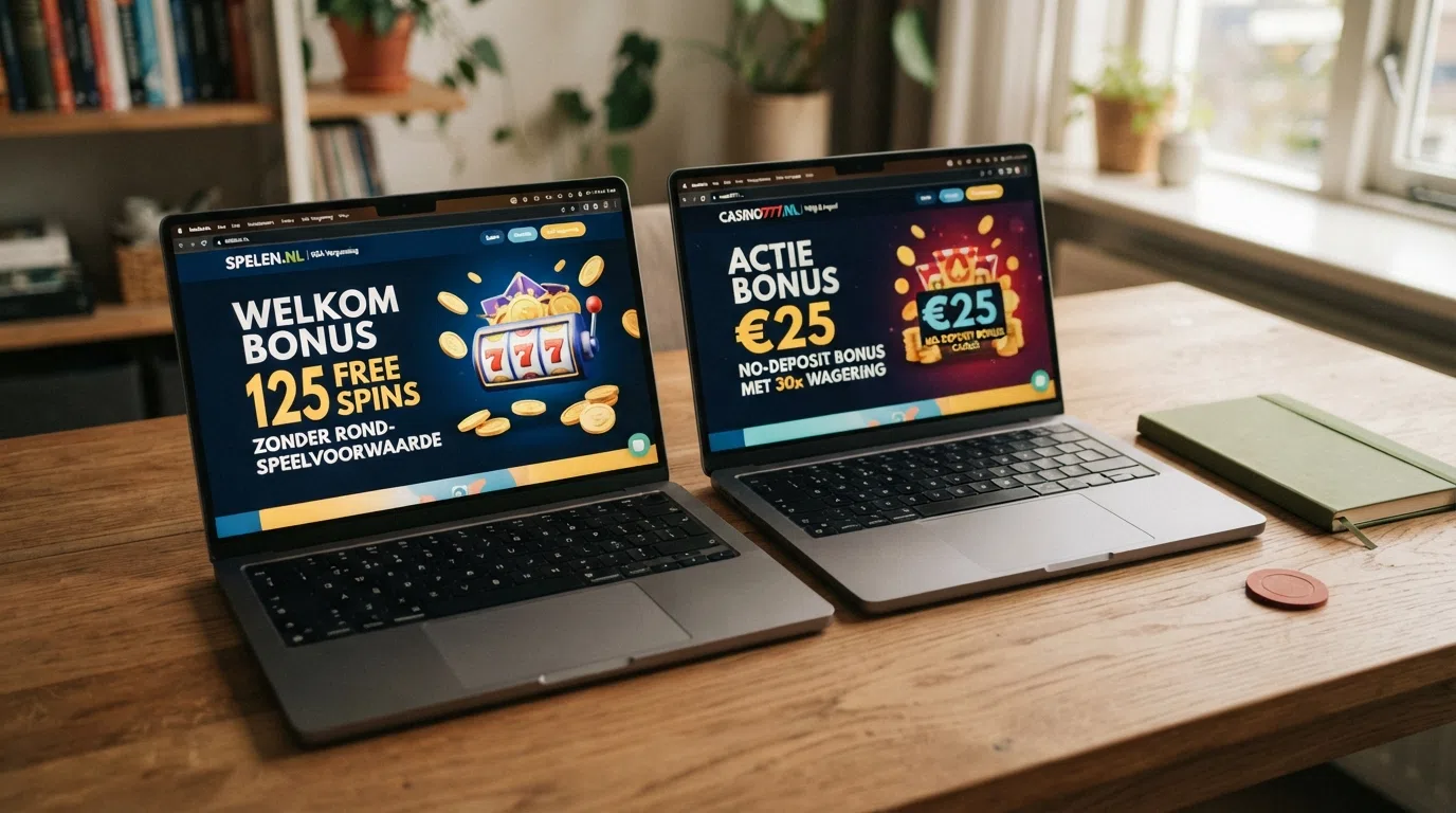 Twee Nederlandse online casino-interfaces naast elkaar met hun bonusvoorwaarden en spelaanbod zichtbaar
