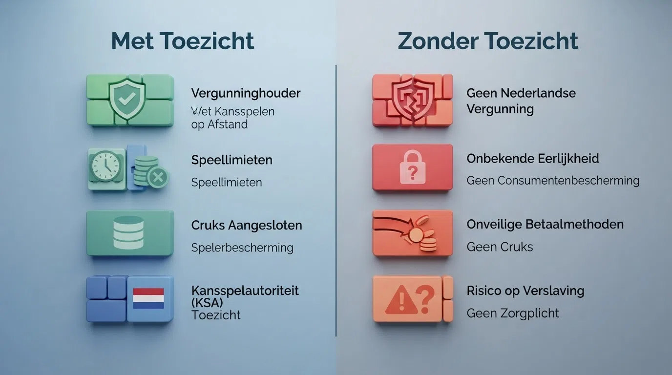 Tien casinologo's in twee rijen van vijf, gescheiden door een lijn met “Ksa-vergund” links en “zonder Cruks” rechts