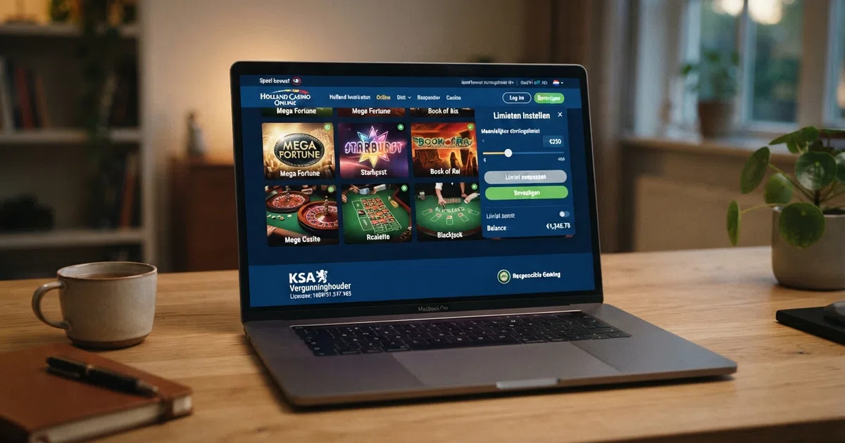 Een Nederlandse online casino-lobby op een laptopscherm met daarop het spelaanbod, de stortingslimiet-instellingen en het KSA-keurmerk zichtbaar in de footer